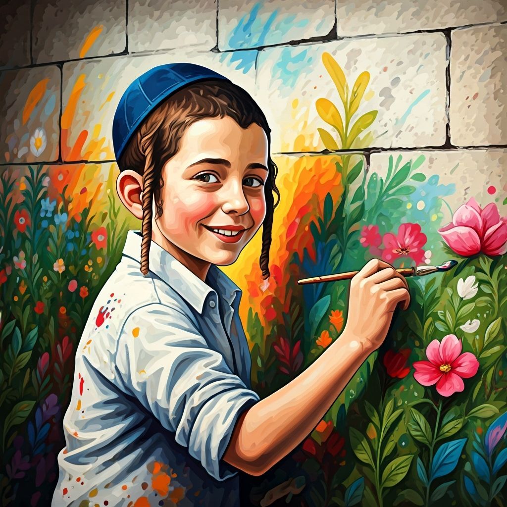 Boy Painting Graffiti Mural in Expressive Street Art Style