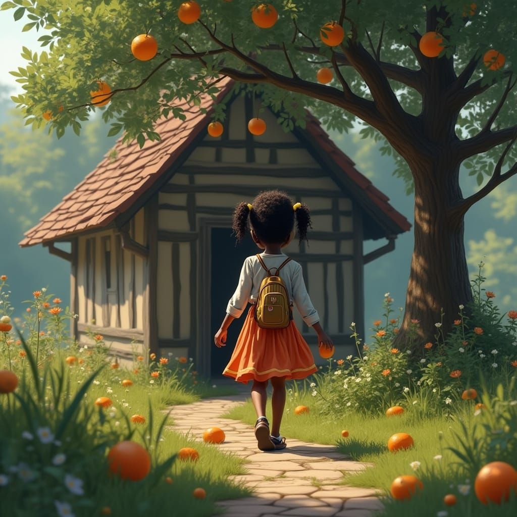 Girl in Blue and White School Uniform Picking Oranges in Lus...