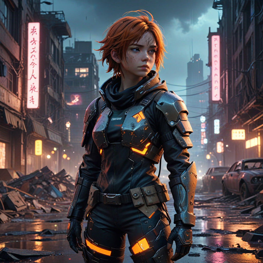 Cyberpunk Protagonist Stands Alone in Ruined Cityscape
