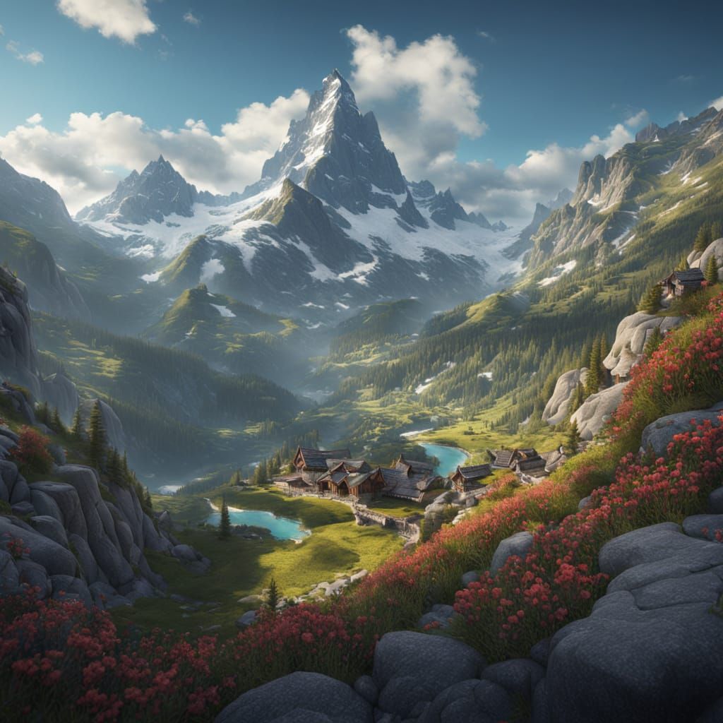Detailed Swiss Alps Matte Painting in Deep, Fantastical Colo...
