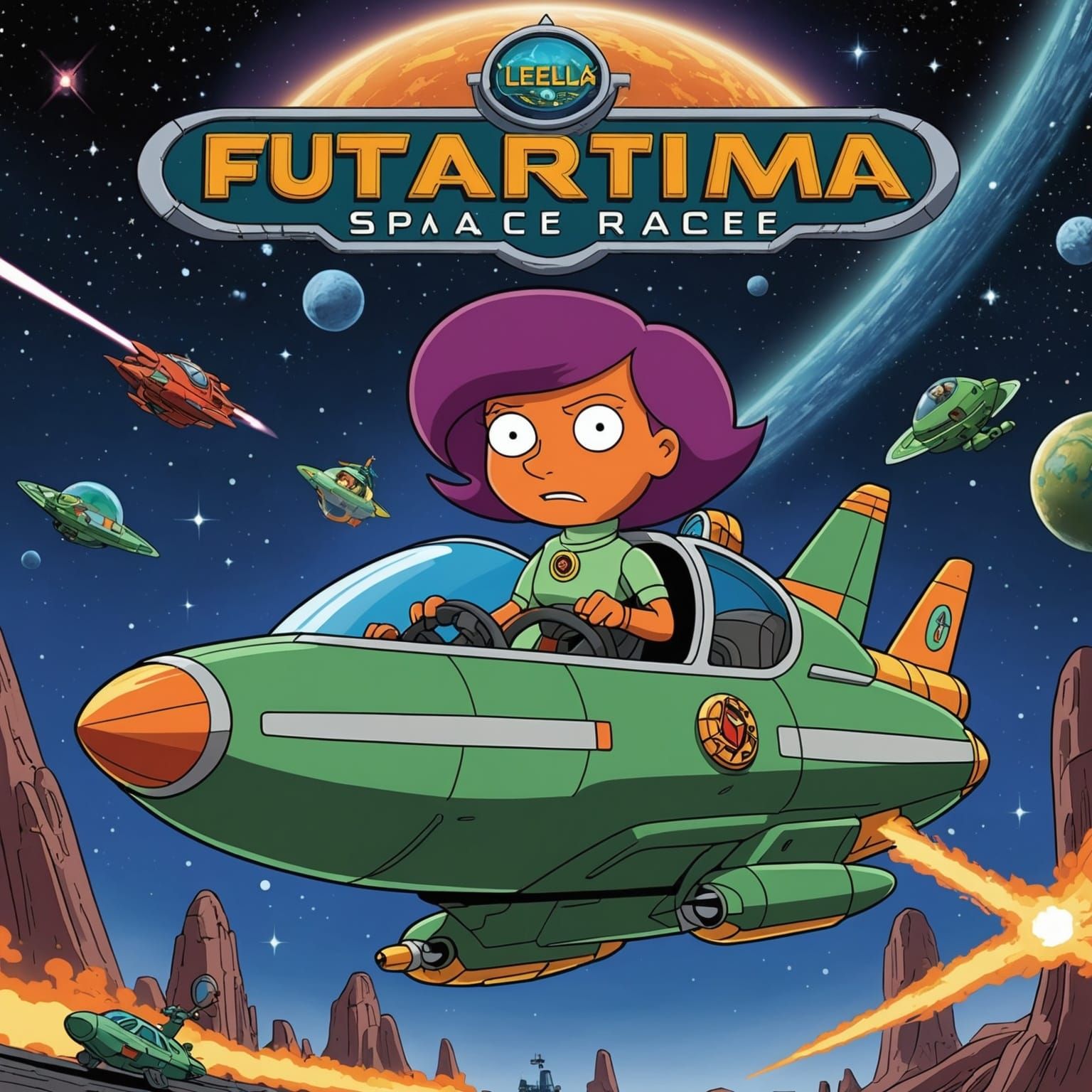 "Leela's Epic Futurama Space Race": Illustrate a high-speed ...