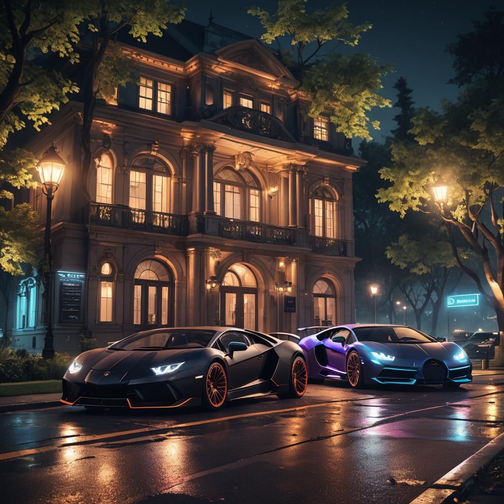 Luxury Cars in Neon-Lit Park House: Digital Art
