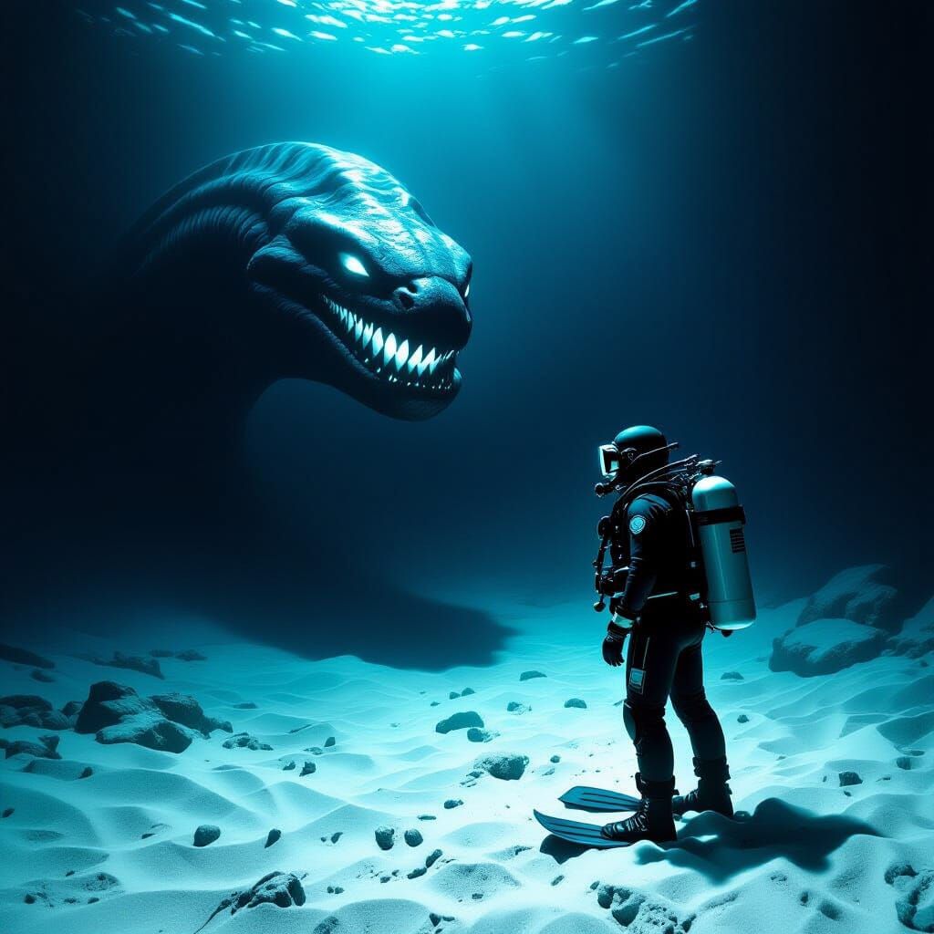 Diver in Mariana Trench: A Dark Surrealist Horror