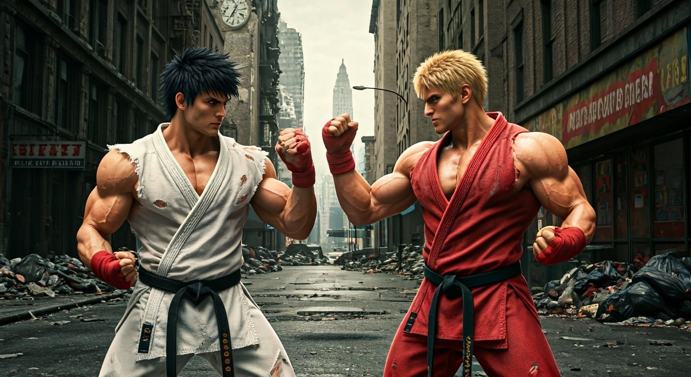 Intense Martial Arts Standoff in Neo-Noir Cityscape