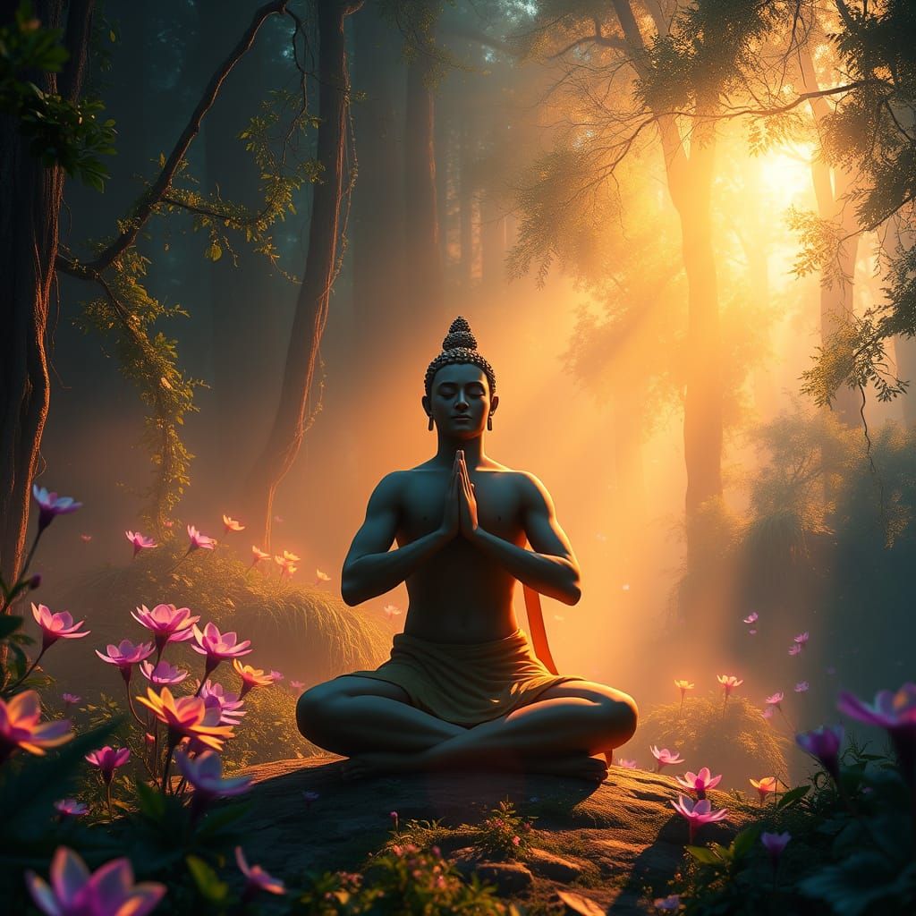 Serene Yogi in Enchanted Forest, Glowing with Ethereal Light