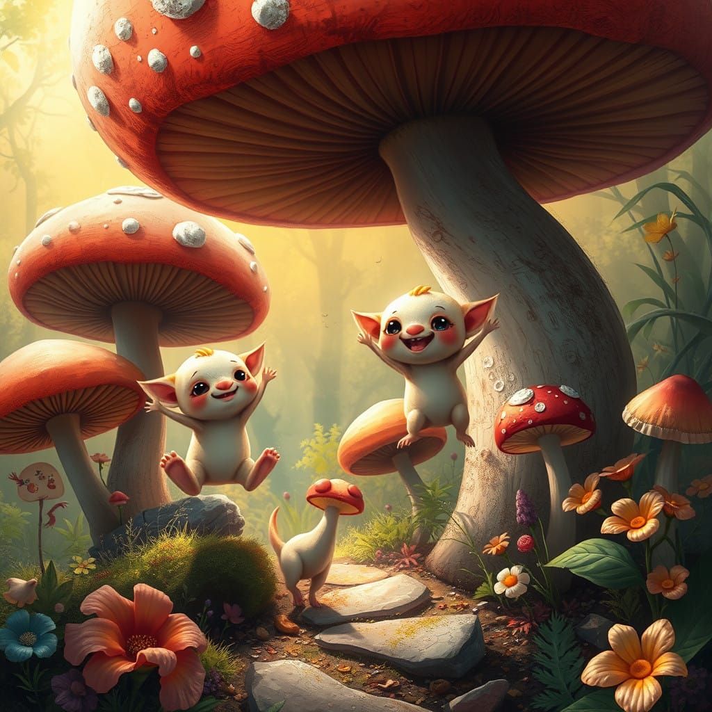 Whimsical Mushroom Forest Scene in Vibrant, Fantasy Style