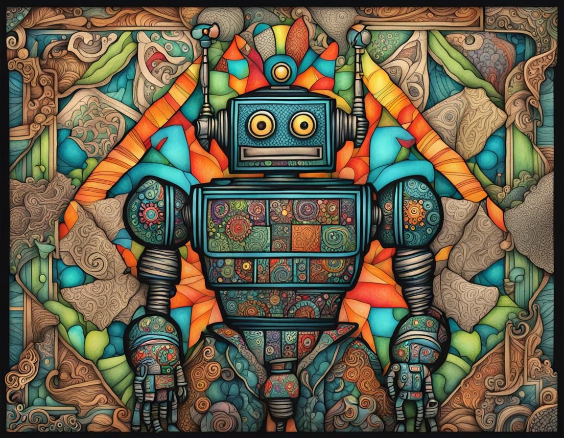 Whimsical Robot Butler in Zentangle Ink Style