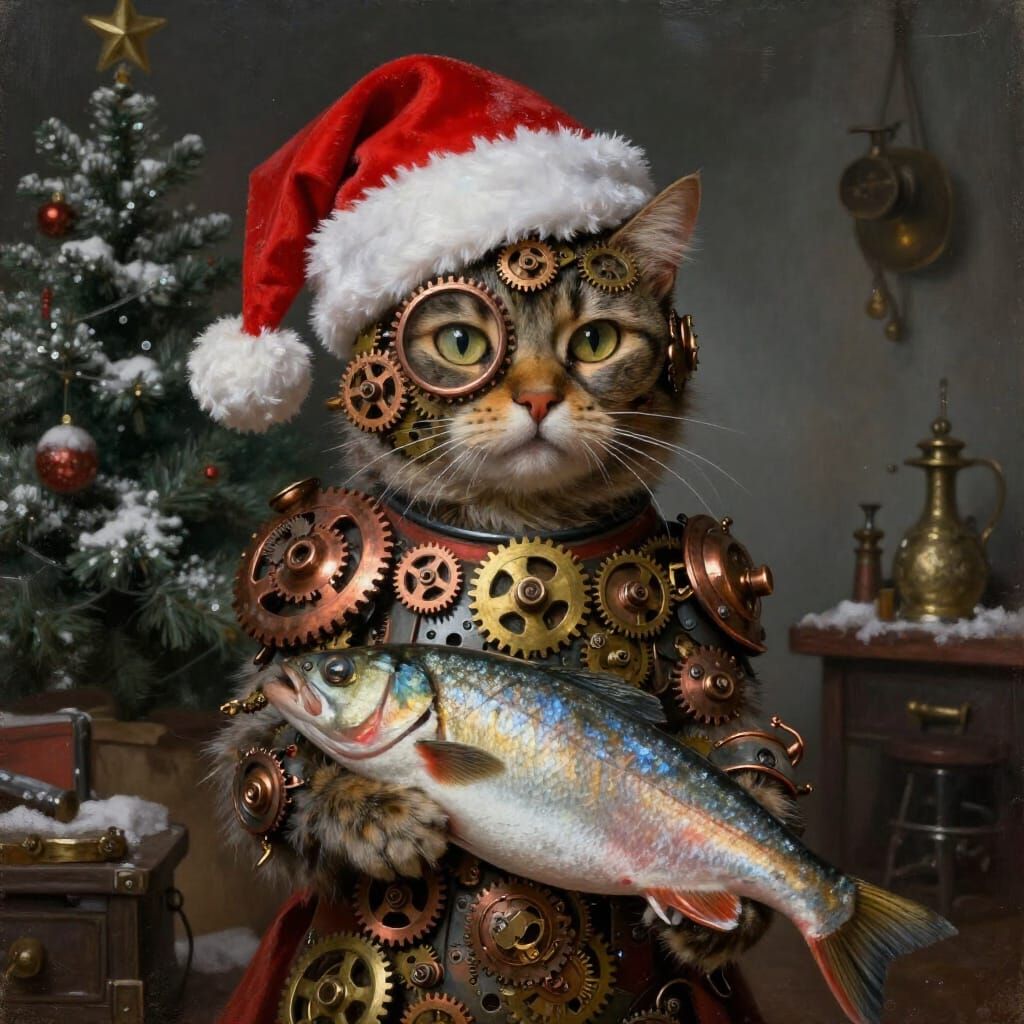 Steampunk Cat in Santa Hat with Fish, Oil Painting Style