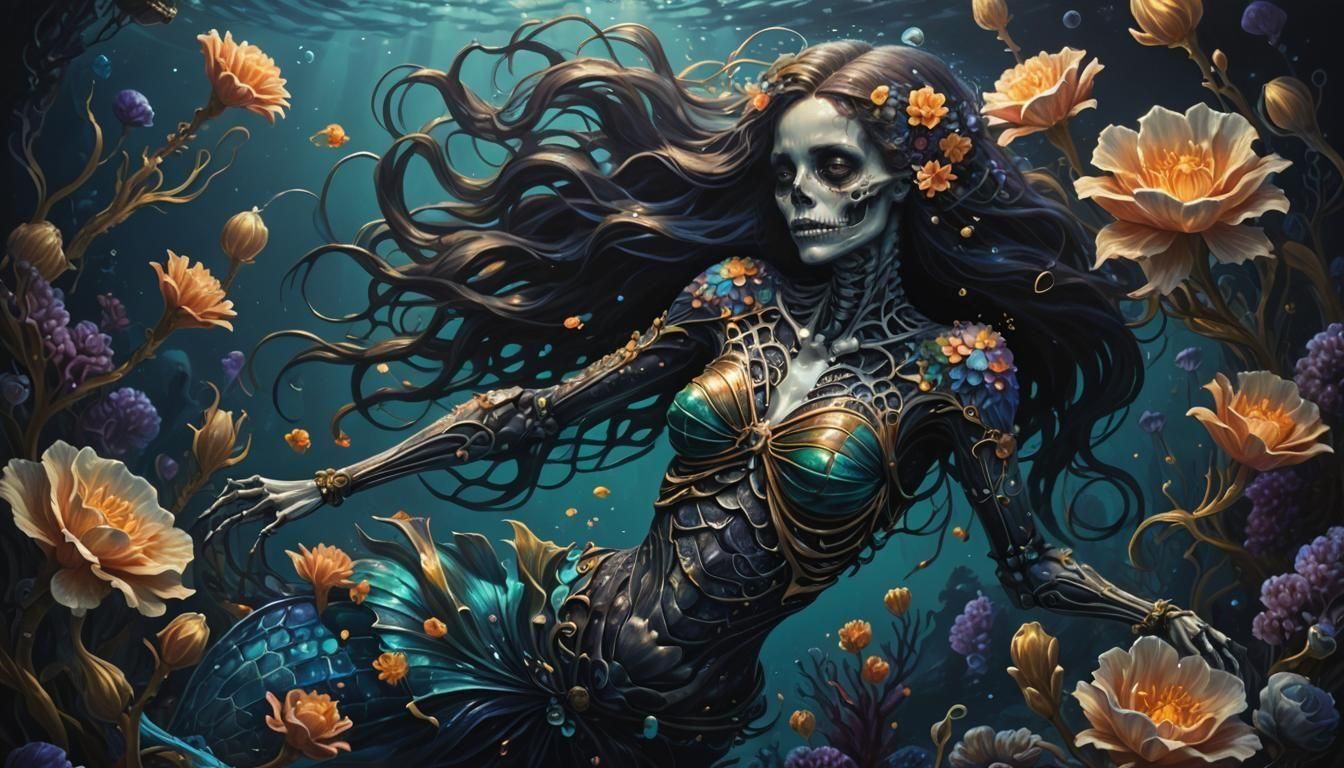 Dark Skeleton Mermaid in Bioluminescent Deep Sea