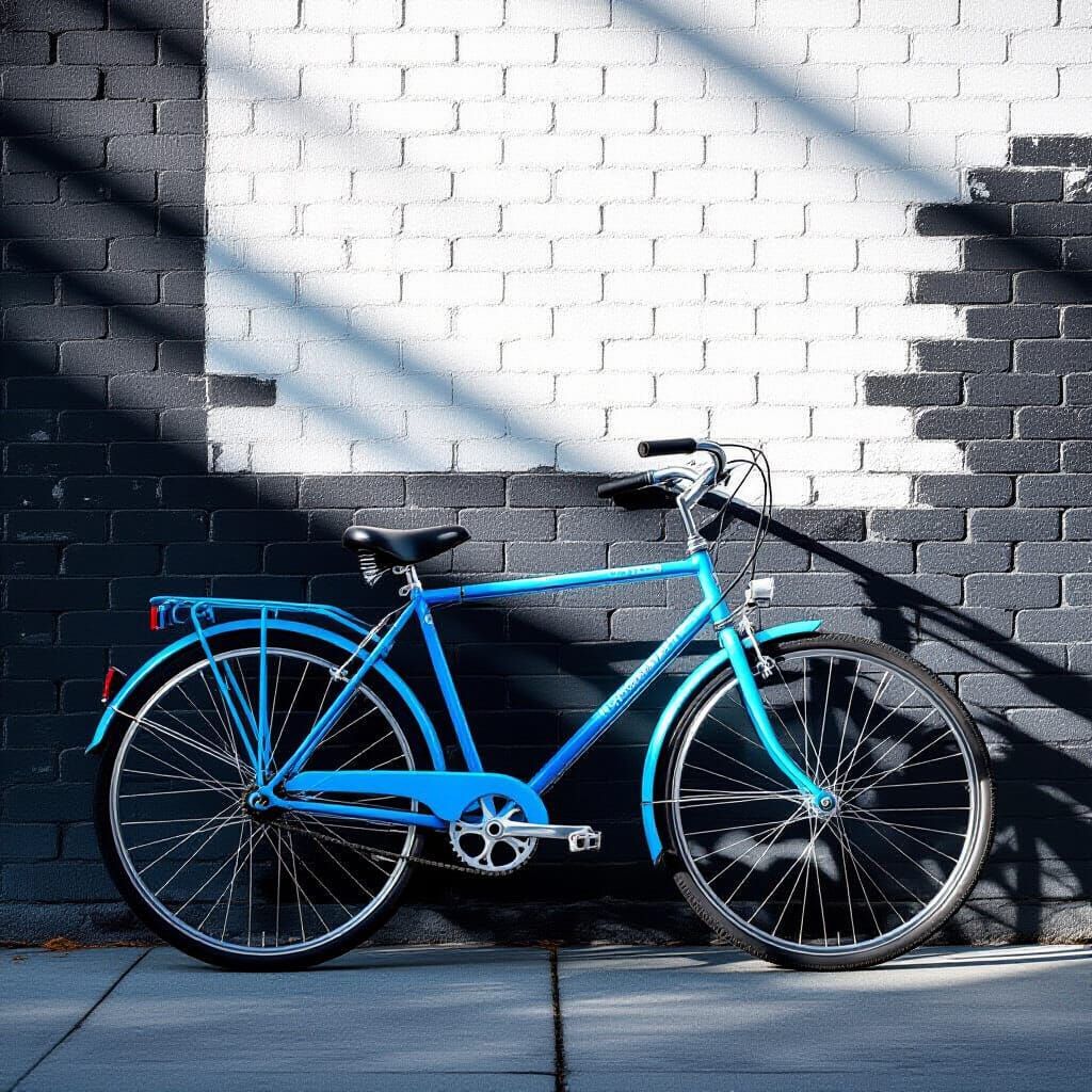Blue Bicycle Against Brick Wall in Soft Sunlight