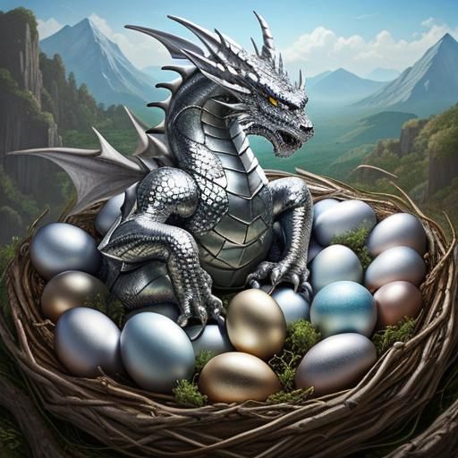 Silver Dragon Guarding a Nest of Eggs