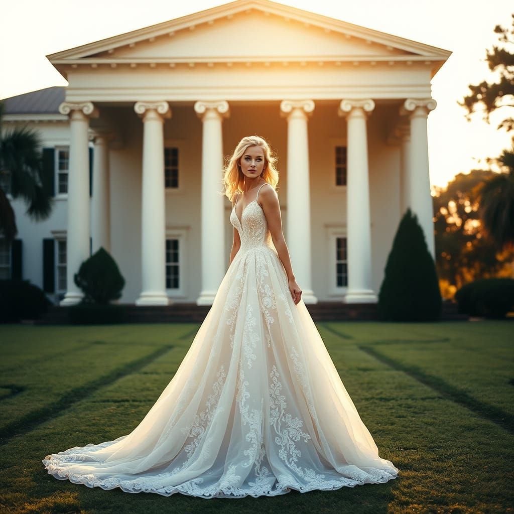 Elegant Bride in Lavish Gown in Front of Nottoway Plantation