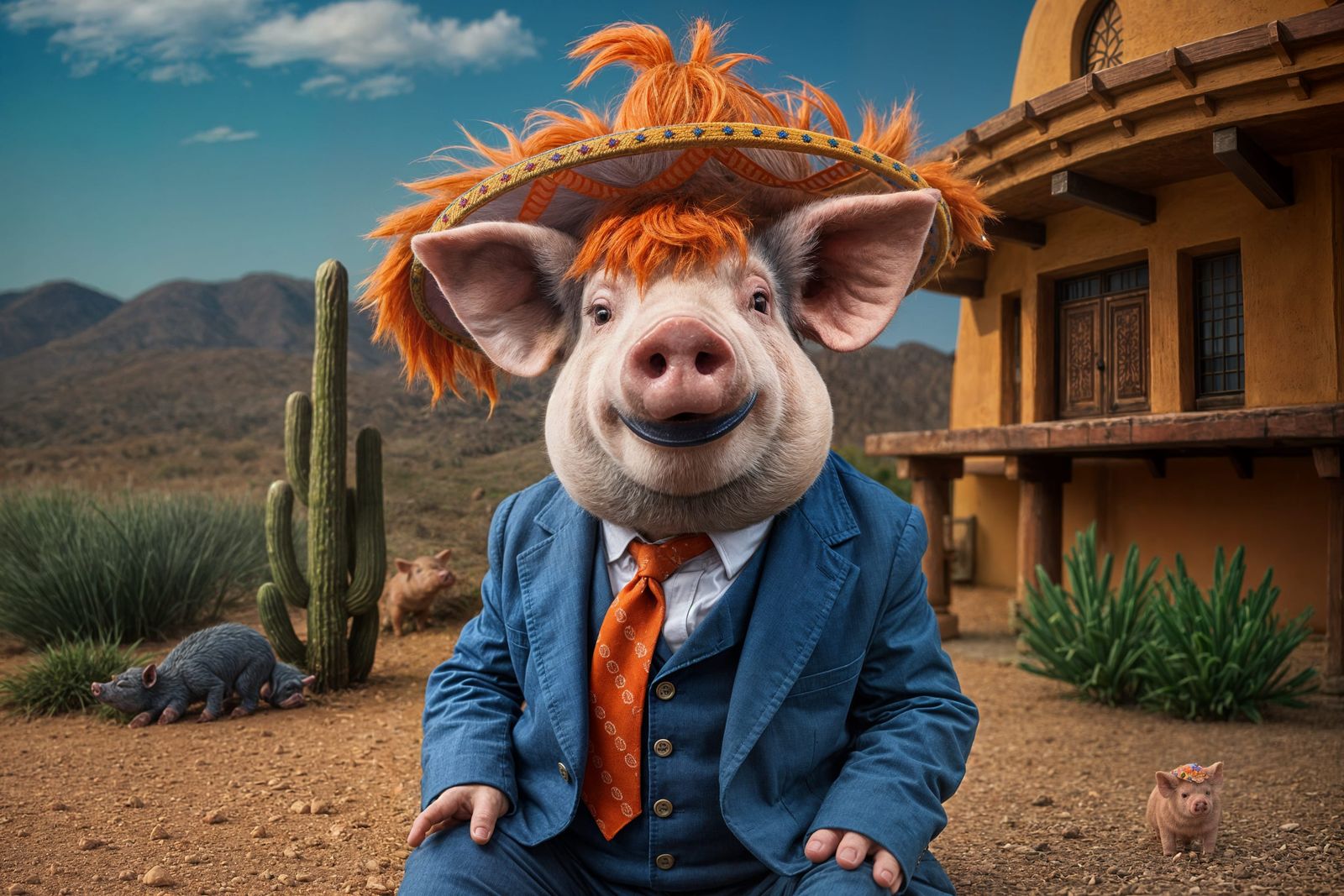 Hyperrealistic Pig in Sombrero and Blue Suit