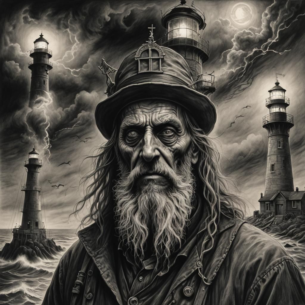 Haunted Lighthouse Keeper: Hyperdetailed Charcoal Drawing