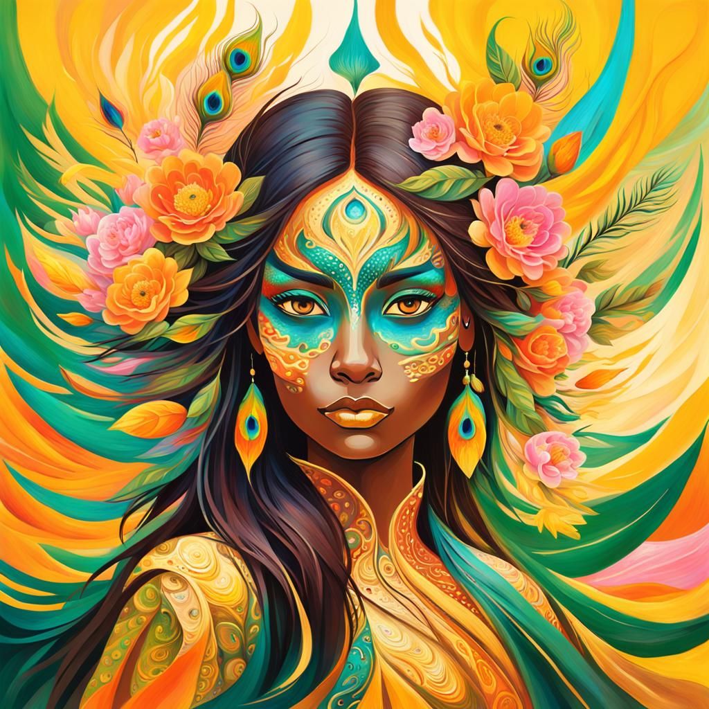 Dragon Peacock Woman in Abstract Expressionist Portrait