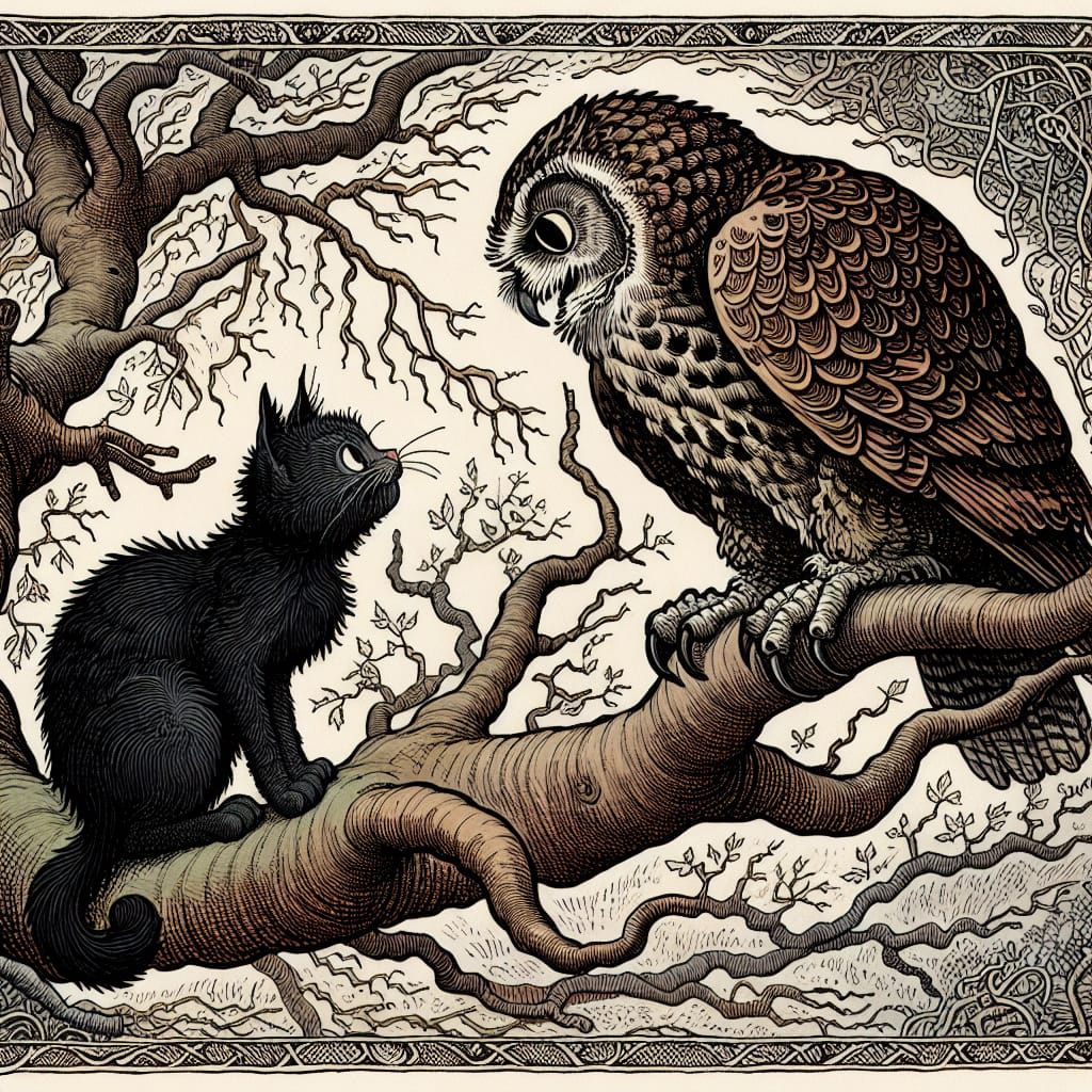 Cat and Owl Chat in Filigree Illustration Style