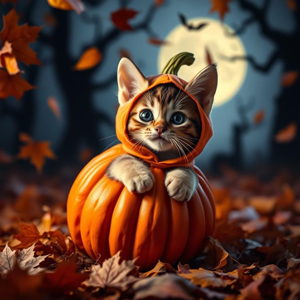 Playful Kitten in Pumpkin Costume, Halloween Scene