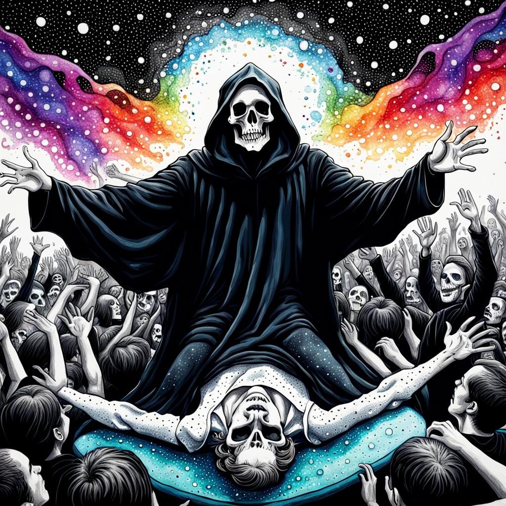 Grim Reaper Crowd Surfing in Pointillism Style
