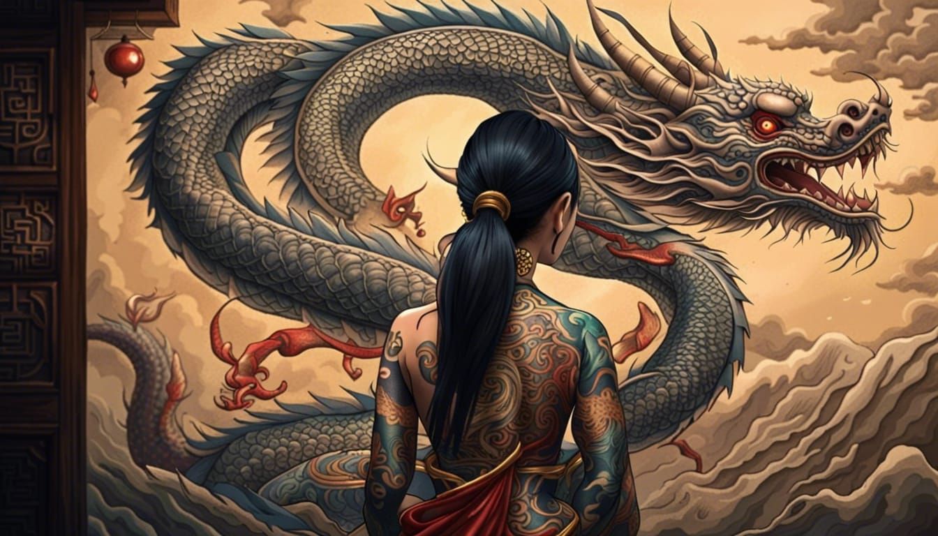 Japanese Woman with Dragon Tattoo in Temple