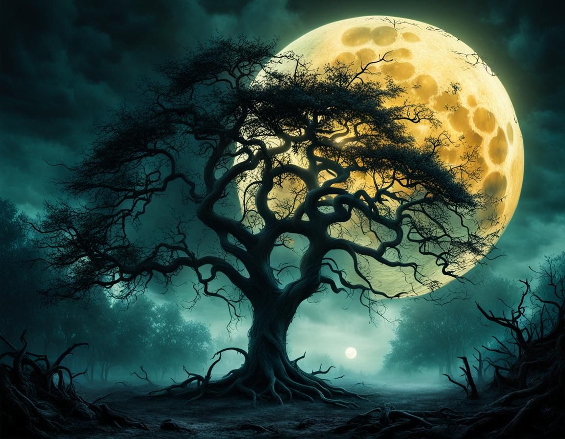 Eerie Moon over Steamy Gothic Summer Landscape