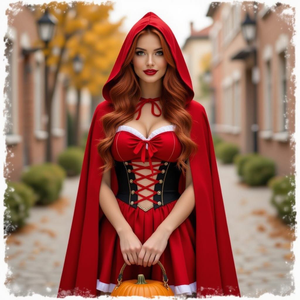 Pretty Red Haired Woman in Red Riding Hood Costume