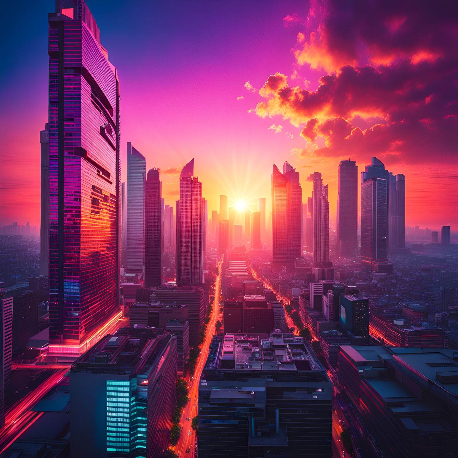 Sunrise over modern office buildings in the downtown business district of Bangkok.