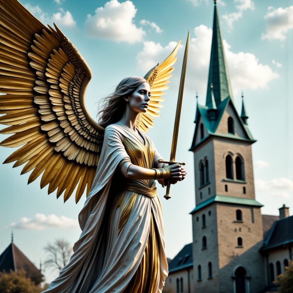 Golden Armored Angel with Sword and Church Tower
