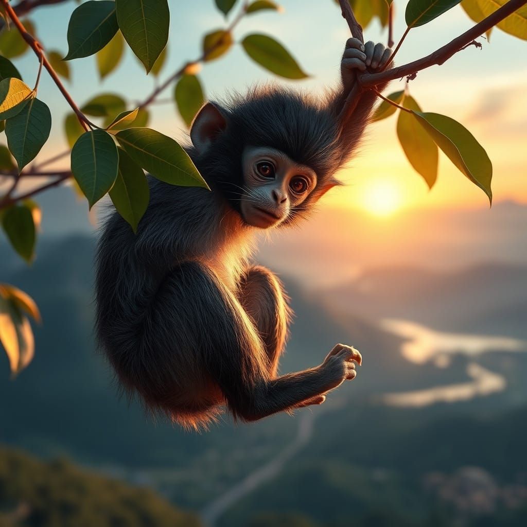 Hyperrealistic Monkey on a Vine in Golden Hour