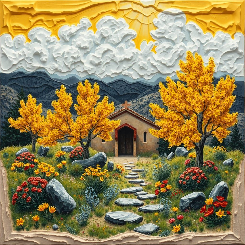 Adobe Chapel in Autumn Sunlight: Art Nouveau Painting