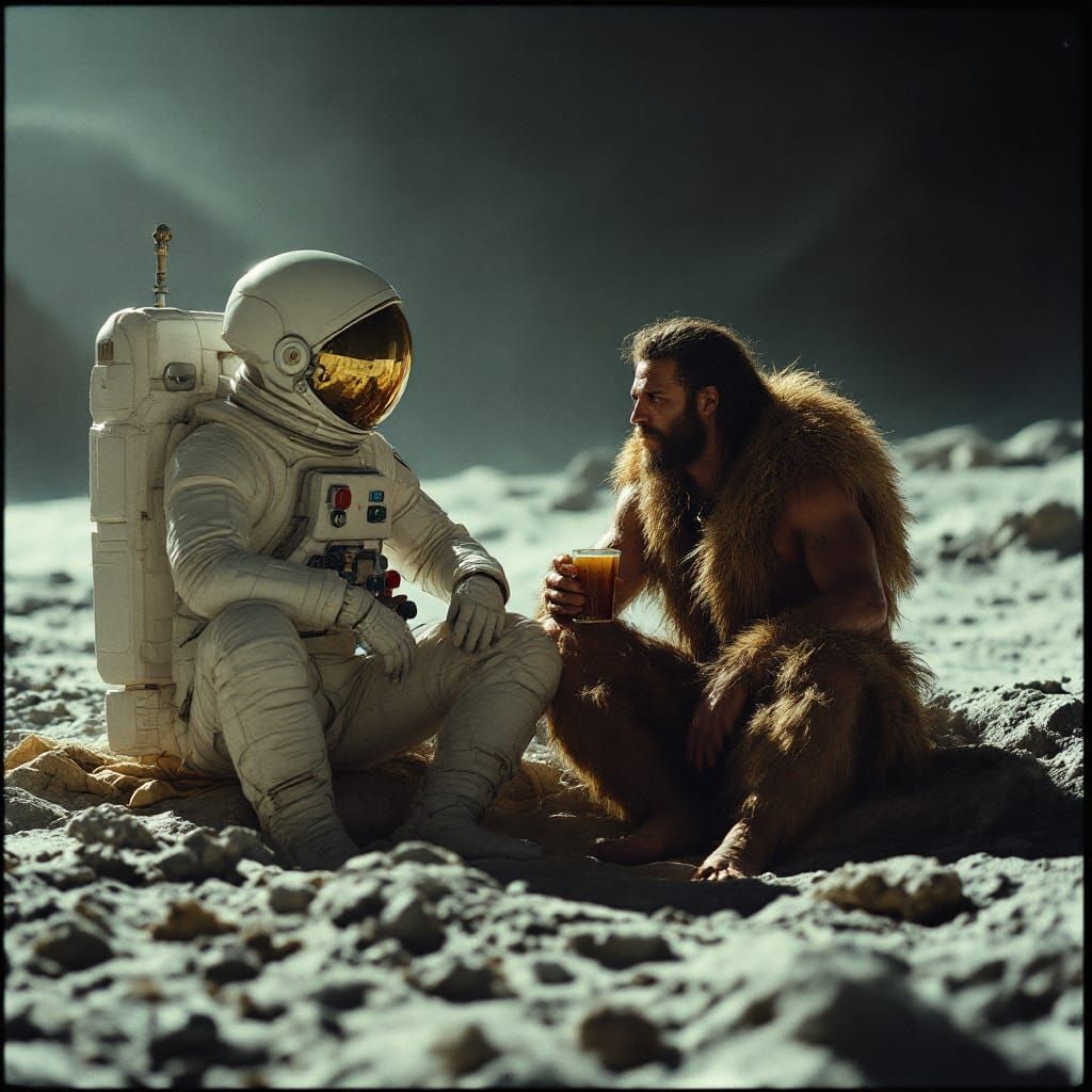 Astronaut and Caveman Share Drink on the Moon