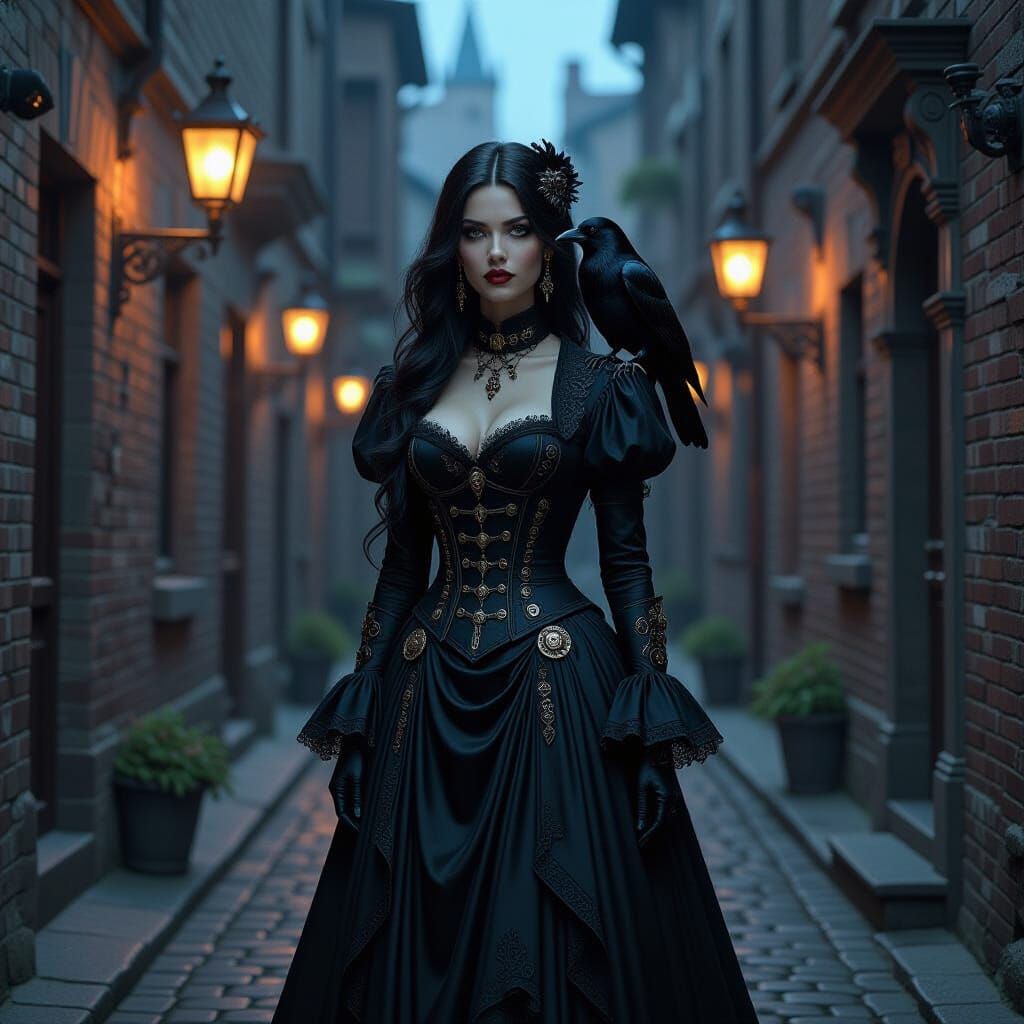Victorian Steampunk Woman at Dusk with Raven