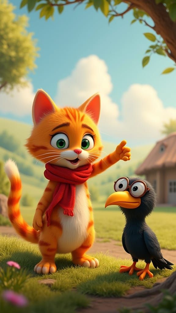 Cartoon Cat and Crow in 3D Toon Style