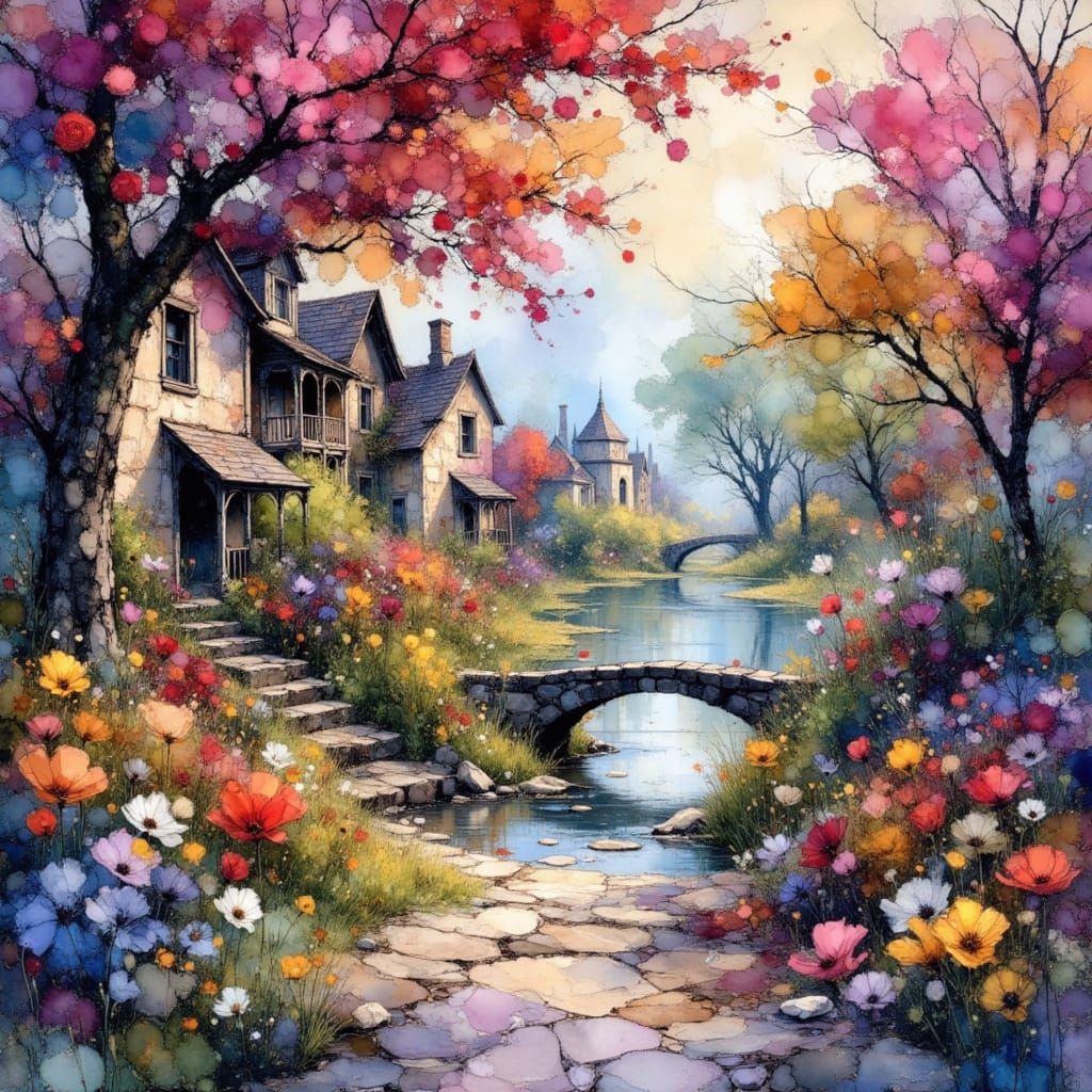 Impressionistic Village with Vibrant Florals in Ink Splash S...
