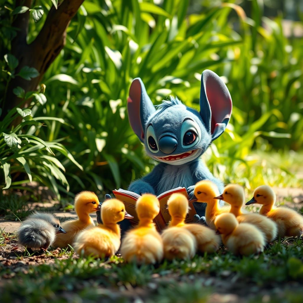 Fluffy Stitch Reads to Ducklings in Live Action