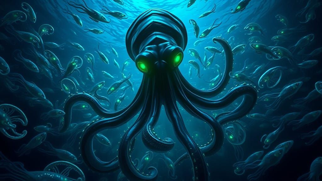Giant Squid Emerge from Abyssal Darkness in Neon-Lit Cuttlef...