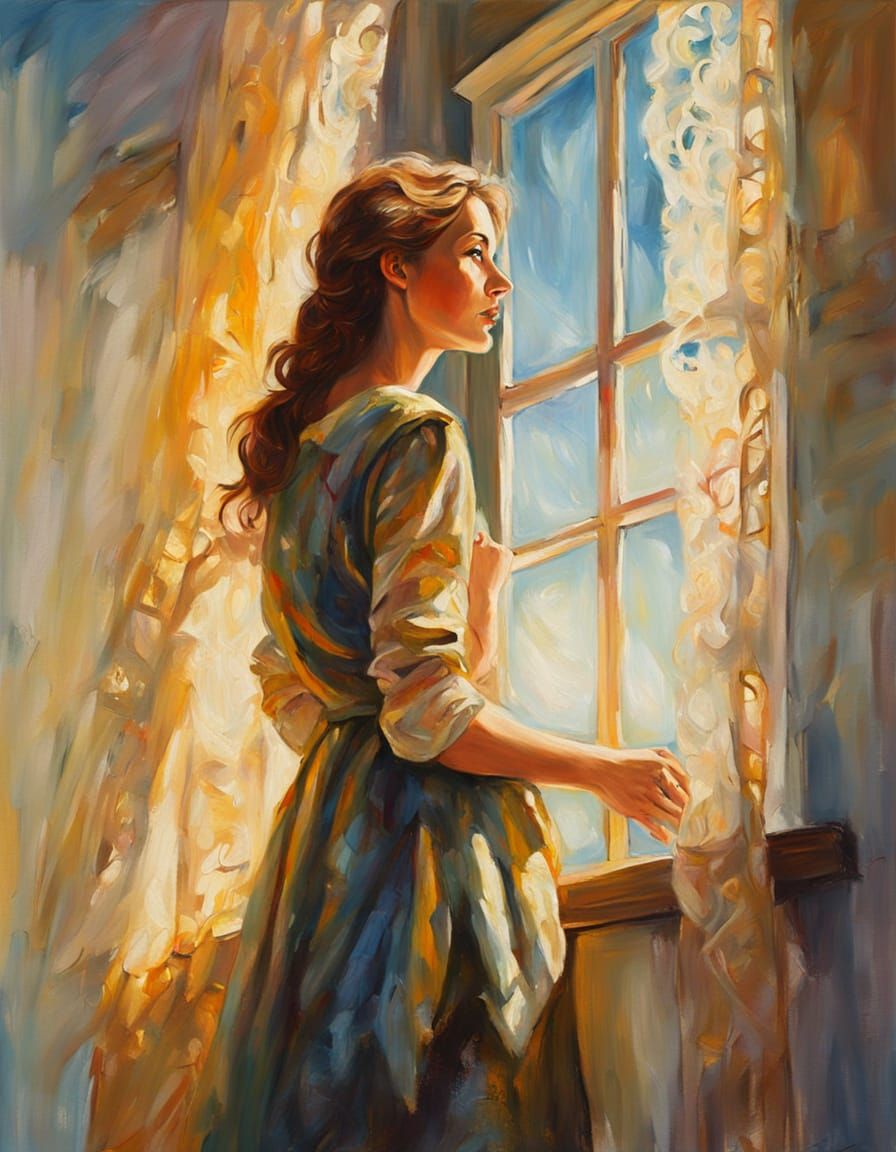 Woman Contemplating the Dreamlike Scene Beyond the Window