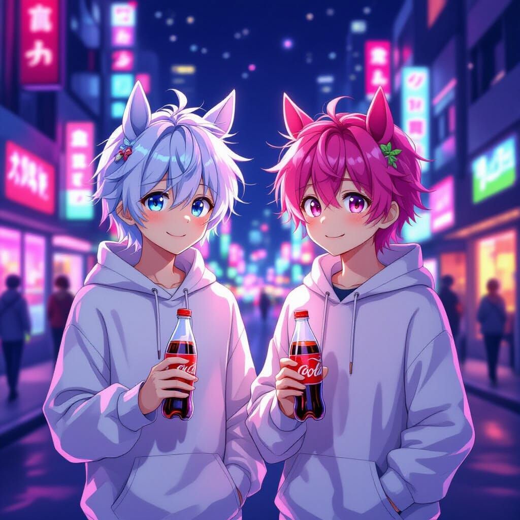 Anime Boys with Horse Ears in Neon City