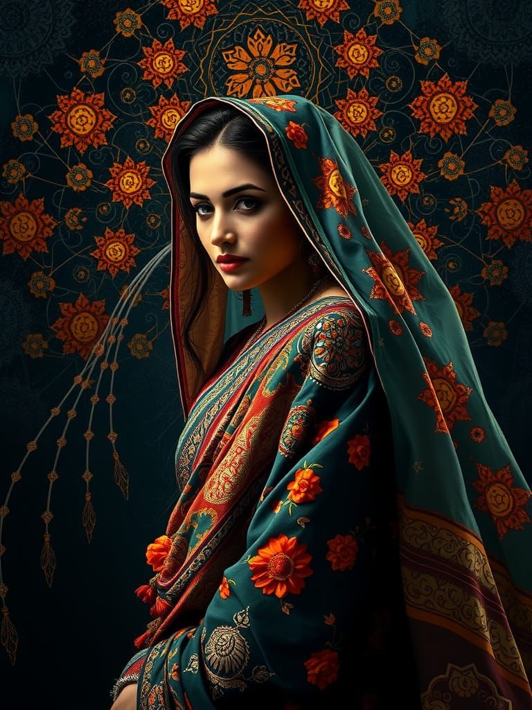 "Shy Indian woman in saree suits cover her face with cloth.  The woman body filled by the universe of Indian woman lifes...