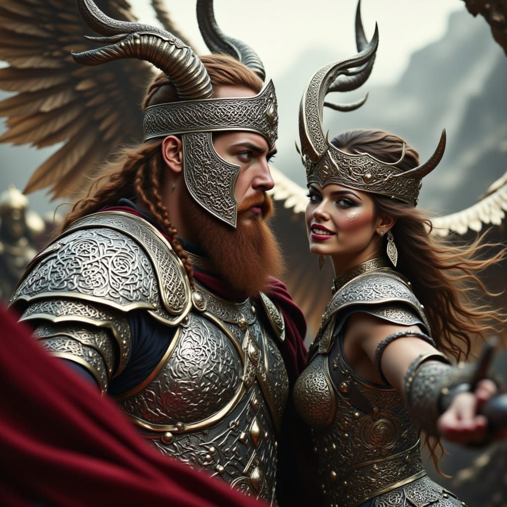 Celtic King and Queen Battle with Horned Helmets