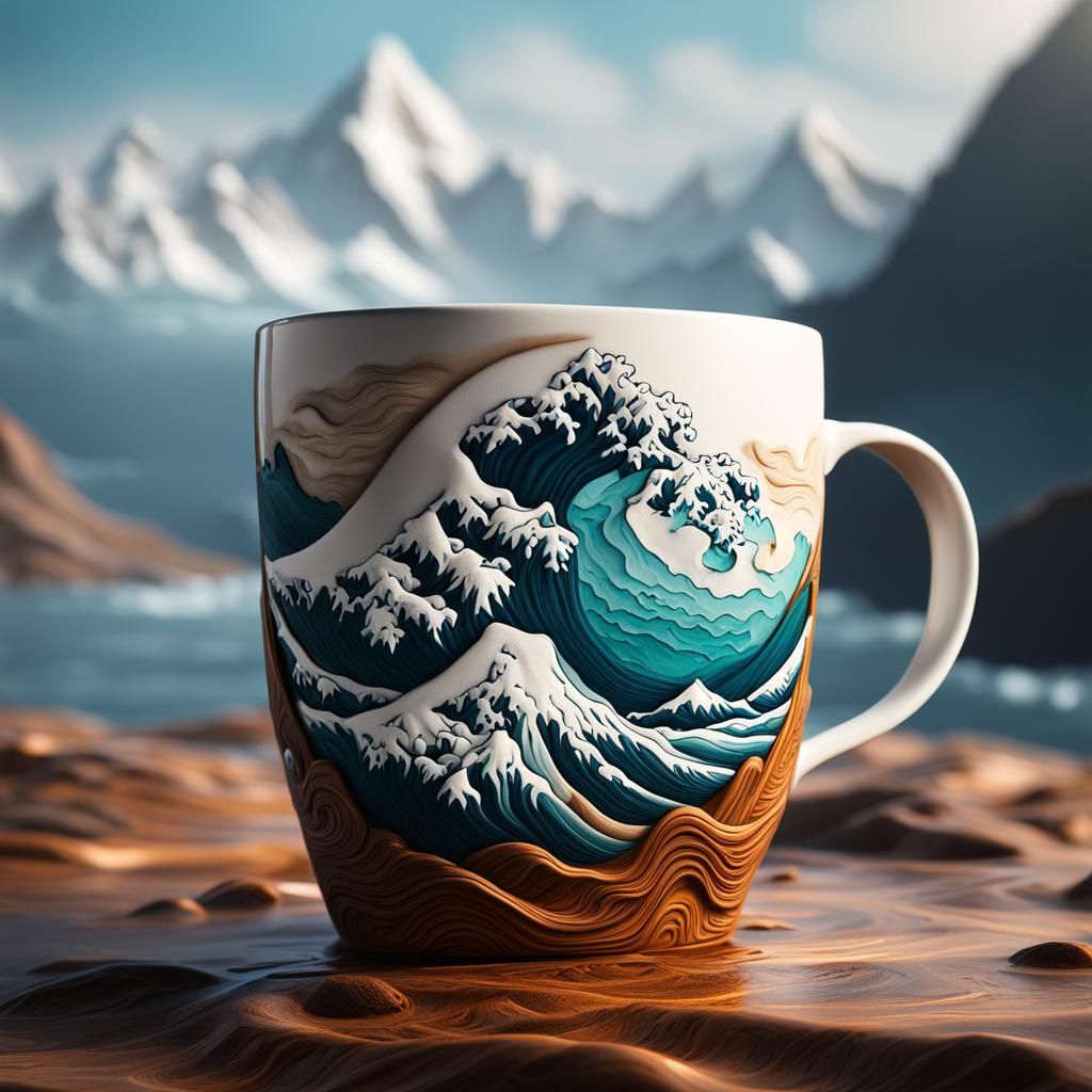 Mountains and Waves Carved in Coffee Cup