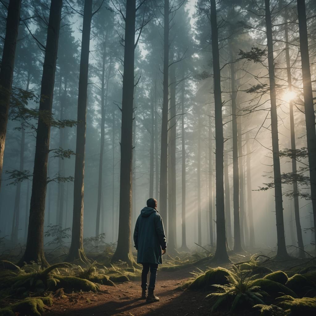 Misty Forest Figure in Cinematic Style