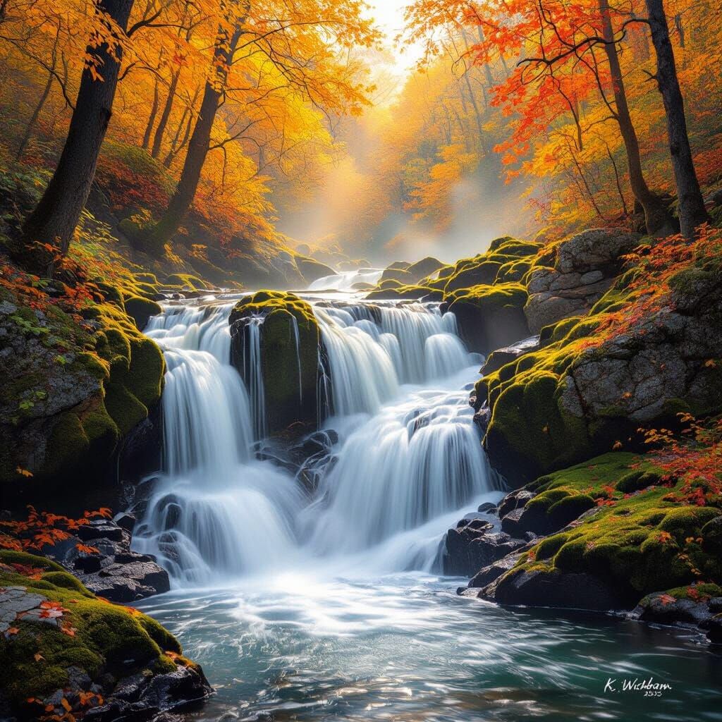 Photorealistic Autumn Waterfall in Golden Sunlight