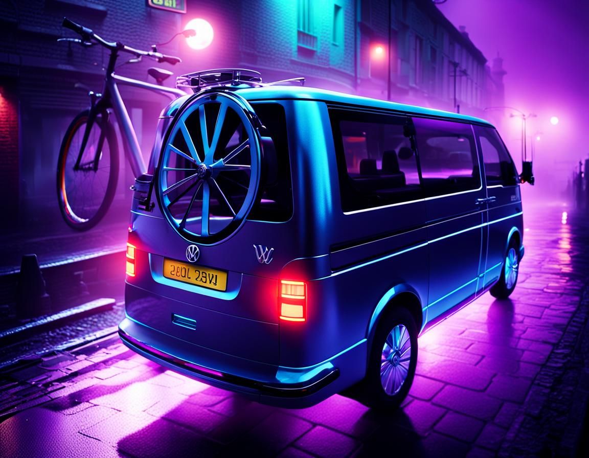 Futuristic VW Bus in Moonlit Alleyway