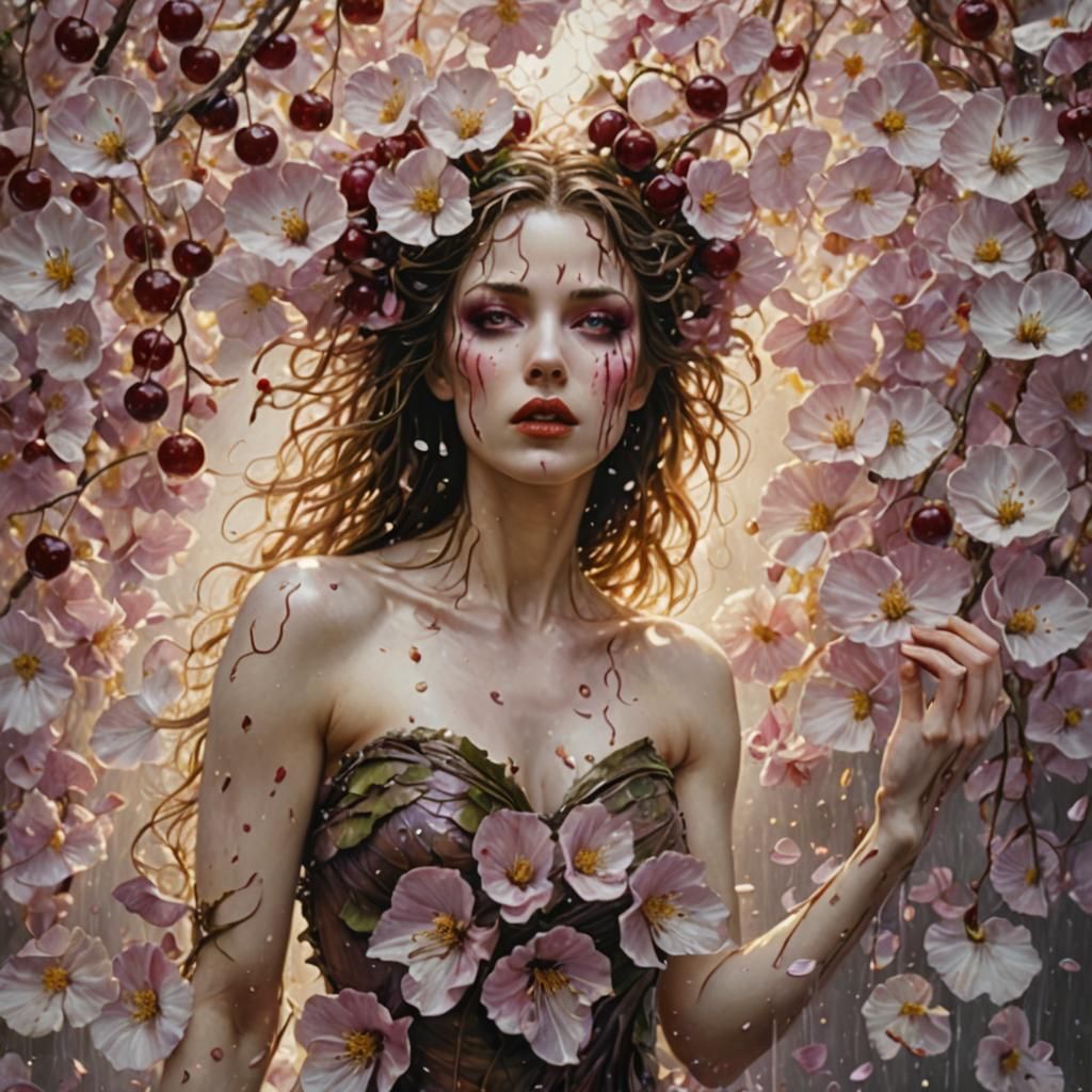 Dryad Emerges from Cherry Petals in Surrealist Style
