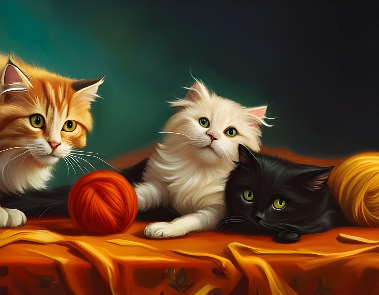 Cats and Kittens Play, Pre-Raphaelite Oil Painting