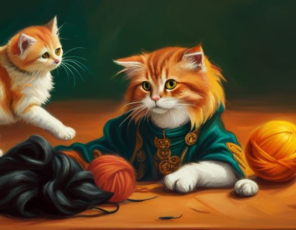 Cats and Kittens Play: Pre-Raphaelite Style