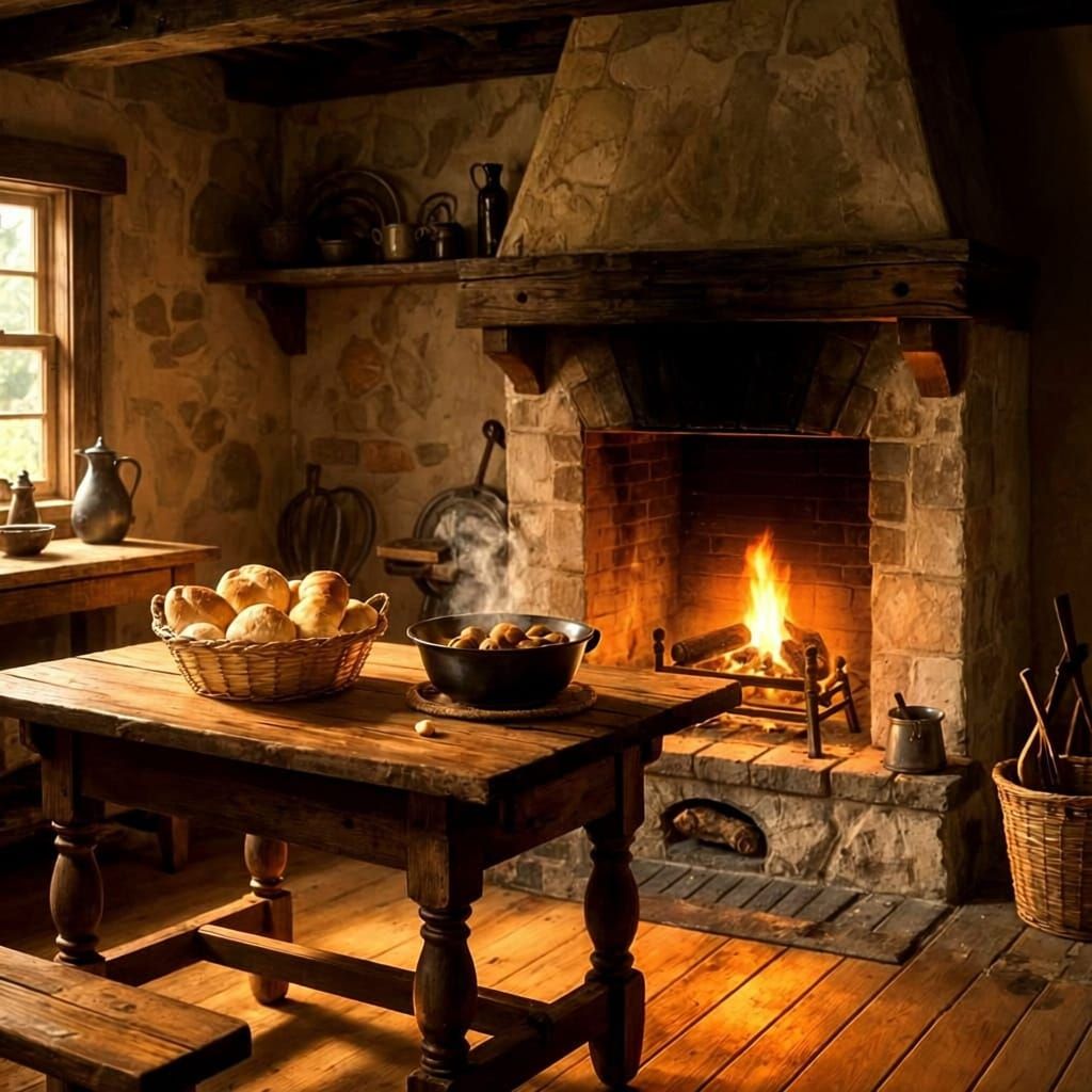 Warm 18th Century Kitchen Scene in Soft Watercolor