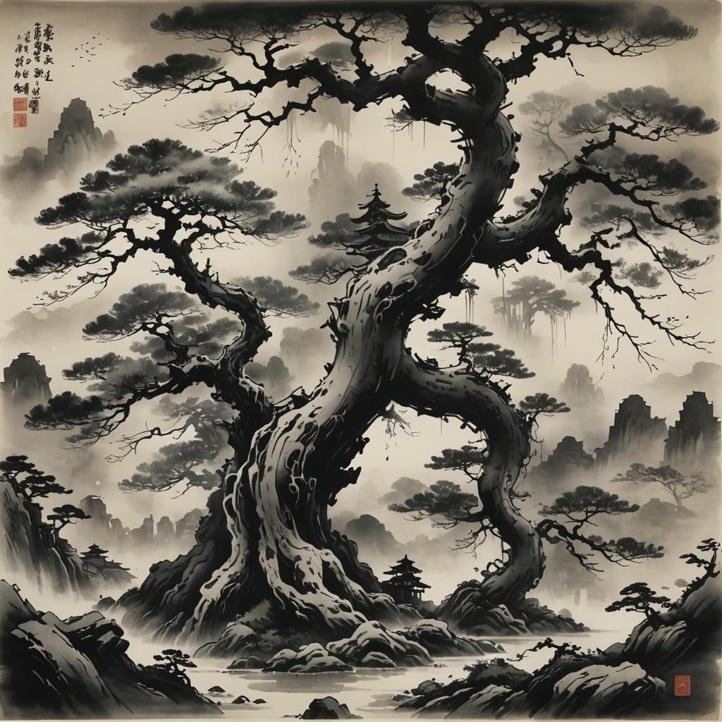 Surreal Bonsai Tree in Japanese Sumi-e Style