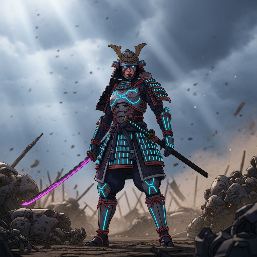 Futuristic Samurai Warrior on Desolate Battlefield