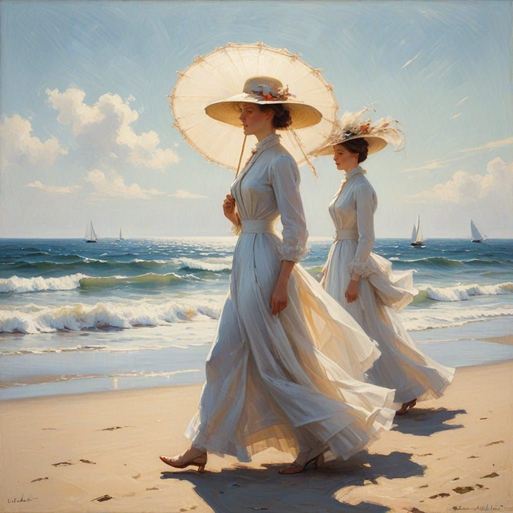 Elegant Women Stroll Along Seaside Promenade in Impressionis...